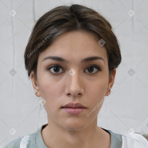 Neutral white young-adult female with short  brown hair and brown eyes