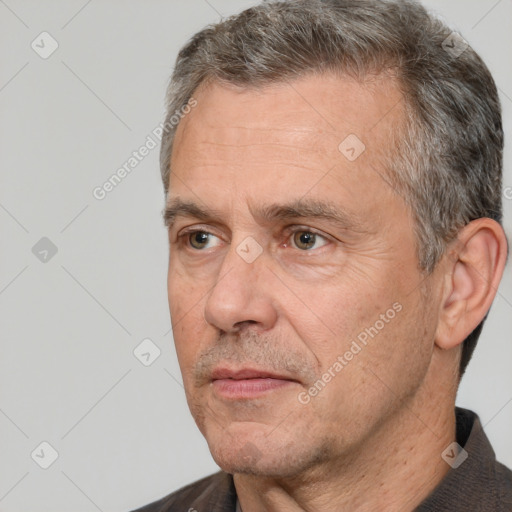 Neutral white middle-aged male with short  brown hair and brown eyes