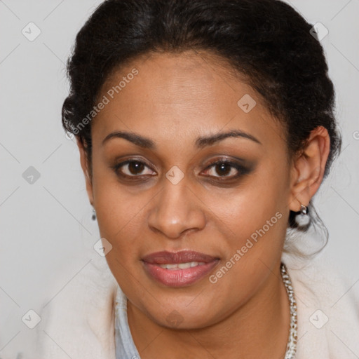 Joyful latino young-adult female with short  brown hair and brown eyes