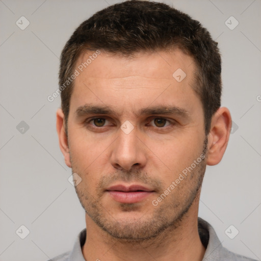 Neutral white young-adult male with short  brown hair and brown eyes