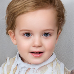 Joyful white child female with short  brown hair and blue eyes