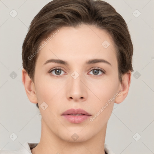 Neutral white young-adult female with short  brown hair and brown eyes