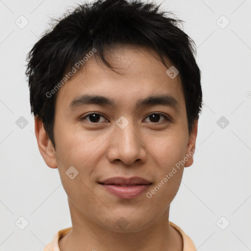 Joyful asian young-adult male with short  brown hair and brown eyes