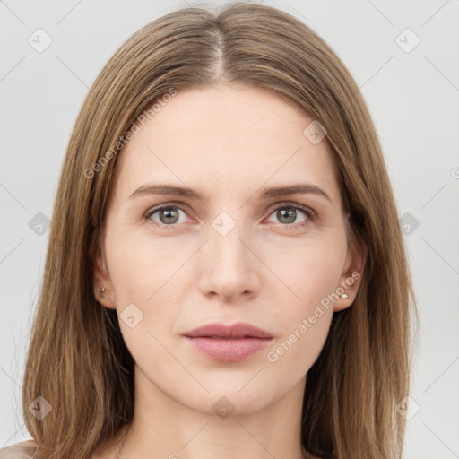 Neutral white young-adult female with long  brown hair and grey eyes