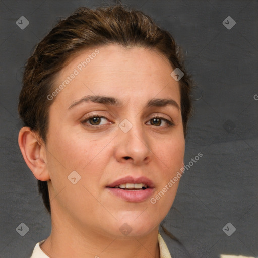 Joyful white young-adult female with short  brown hair and brown eyes