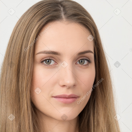 Neutral white young-adult female with long  brown hair and brown eyes