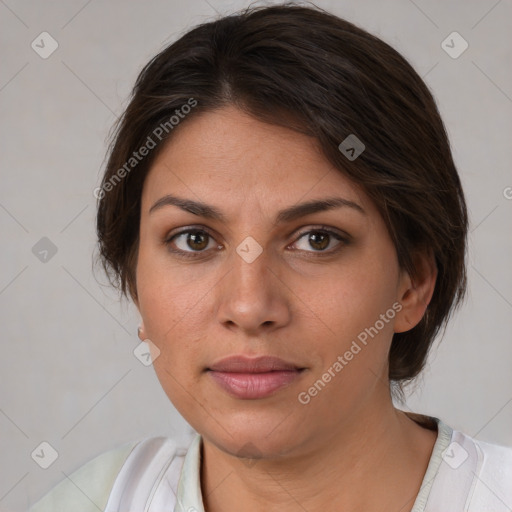 Neutral white young-adult female with medium  brown hair and brown eyes