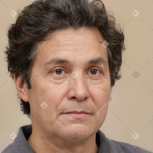 Joyful white middle-aged male with short  brown hair and brown eyes