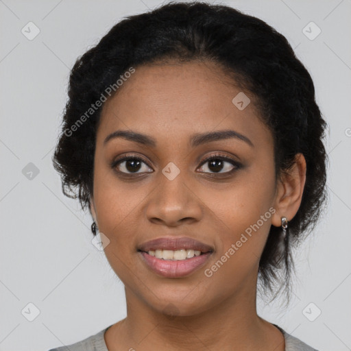 Joyful latino young-adult female with short  black hair and brown eyes