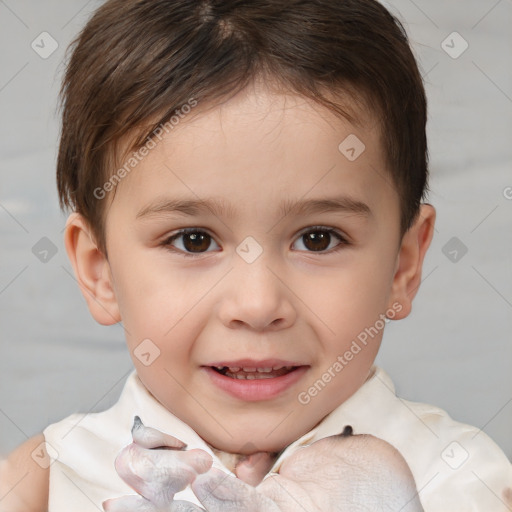 Joyful white child female with short  brown hair and brown eyes