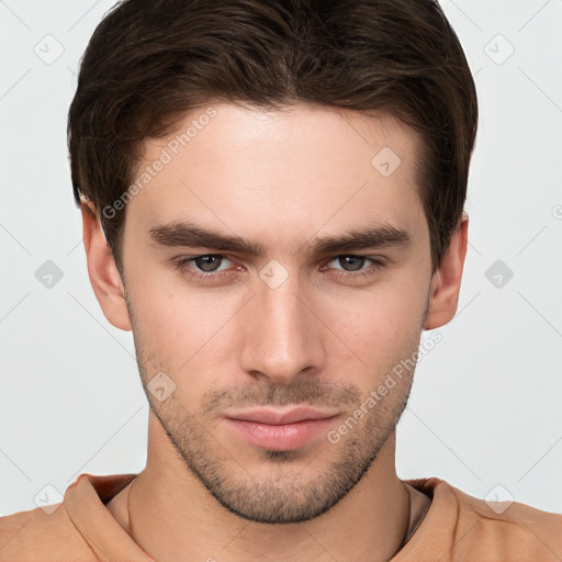 Neutral white young-adult male with short  brown hair and grey eyes