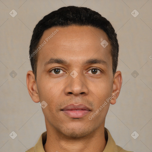 Neutral latino young-adult male with short  black hair and brown eyes