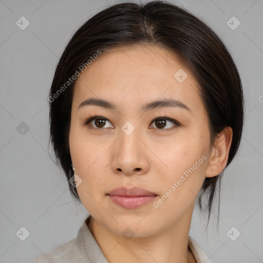 Neutral asian young-adult female with medium  brown hair and brown eyes