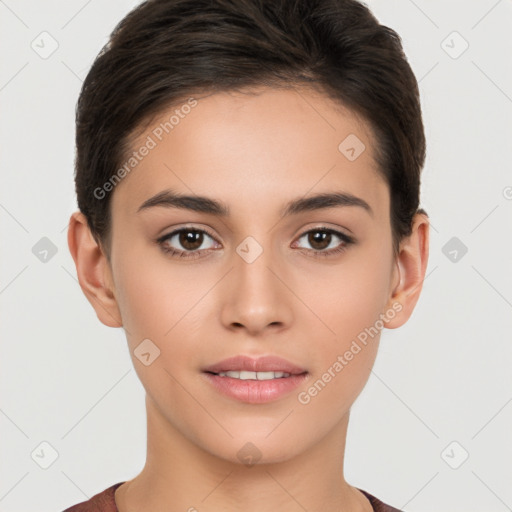 Joyful white young-adult female with short  brown hair and brown eyes