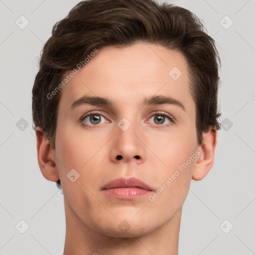 Neutral white young-adult male with short  brown hair and brown eyes