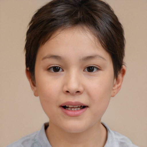 Joyful white child female with short  brown hair and brown eyes