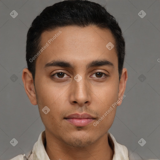 Neutral latino young-adult male with short  brown hair and brown eyes