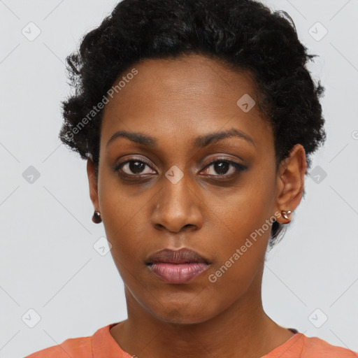 Neutral black young-adult female with short  black hair and brown eyes