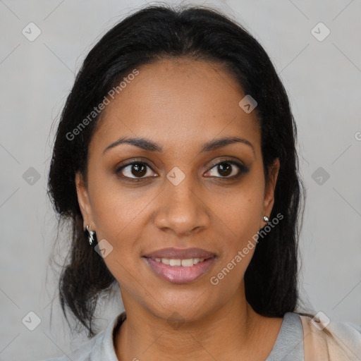 Joyful black young-adult female with medium  brown hair and brown eyes