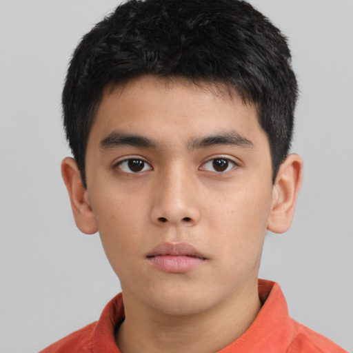 Neutral asian child male with short  brown hair and brown eyes