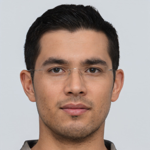 Neutral asian young-adult male with short  black hair and brown eyes