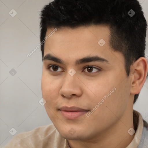 Joyful latino young-adult male with short  brown hair and brown eyes