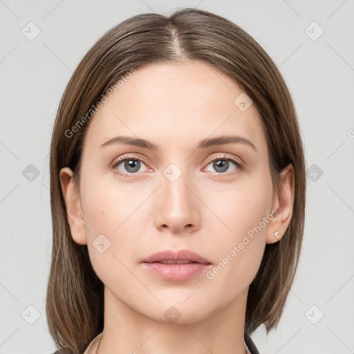 Neutral white young-adult female with medium  brown hair and grey eyes