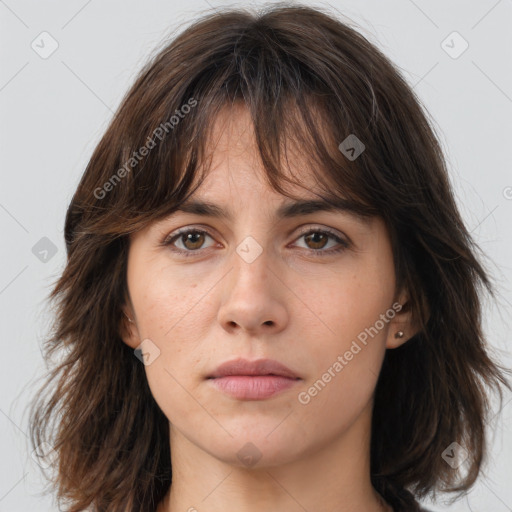 Neutral white young-adult female with medium  brown hair and brown eyes