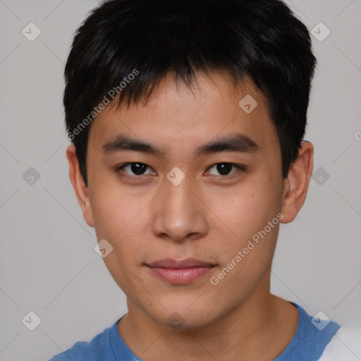 Neutral asian young-adult male with short  brown hair and brown eyes