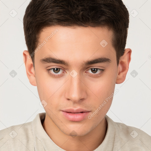 Neutral white young-adult male with short  brown hair and brown eyes