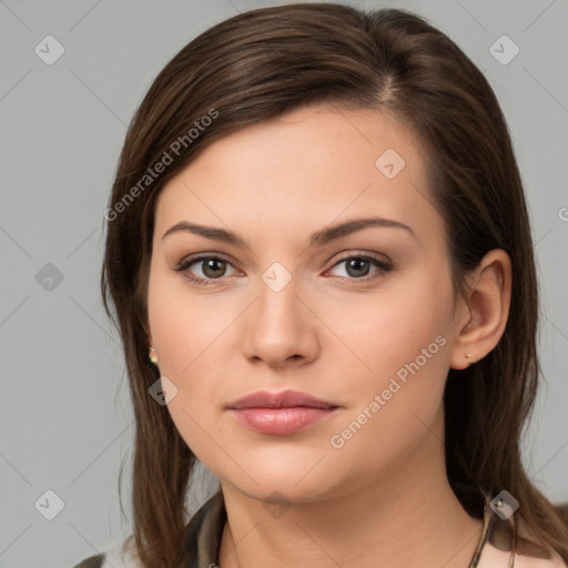 Neutral white young-adult female with medium  brown hair and brown eyes