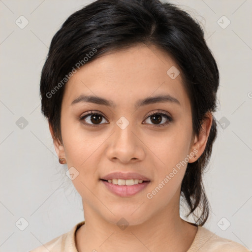 Joyful white young-adult female with medium  brown hair and brown eyes