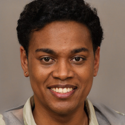 Joyful black young-adult male with short  black hair and brown eyes