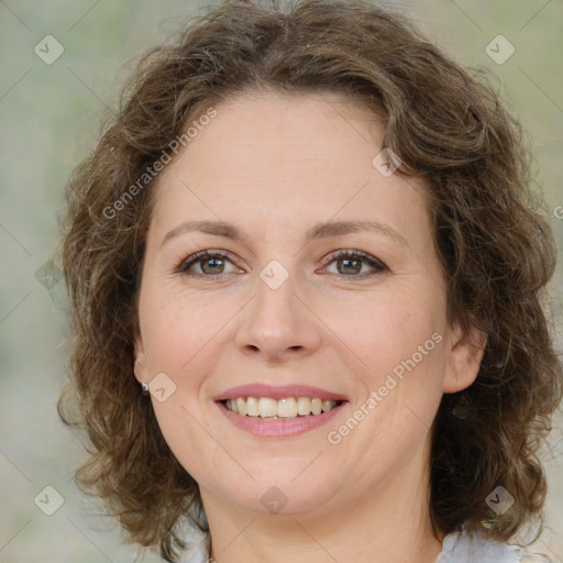 Joyful white young-adult female with medium  brown hair and green eyes