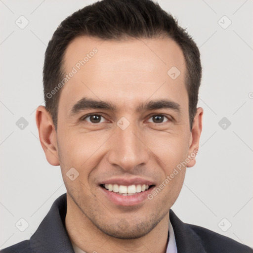 Joyful white young-adult male with short  brown hair and brown eyes