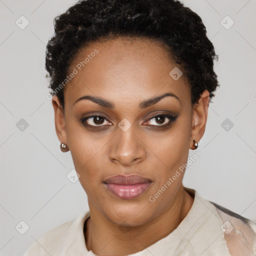 Neutral black young-adult female with short  black hair and brown eyes