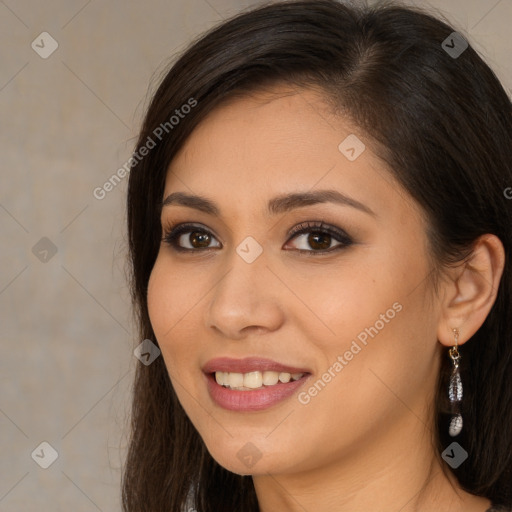 Joyful white young-adult female with long  brown hair and brown eyes