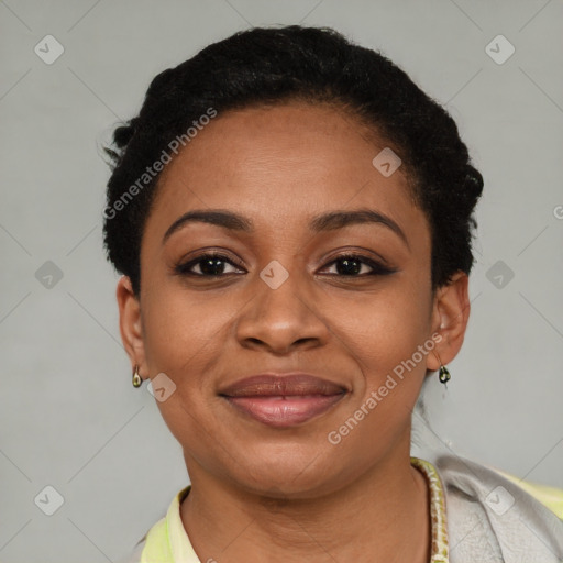 Joyful latino young-adult female with short  brown hair and brown eyes