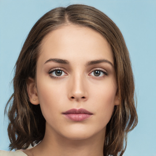 Neutral white young-adult female with medium  brown hair and brown eyes