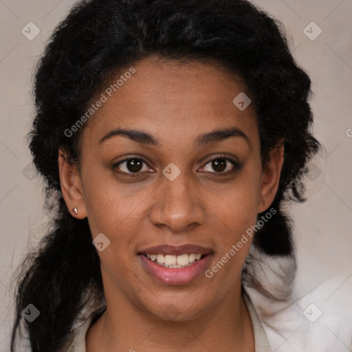 Joyful latino young-adult female with short  brown hair and brown eyes