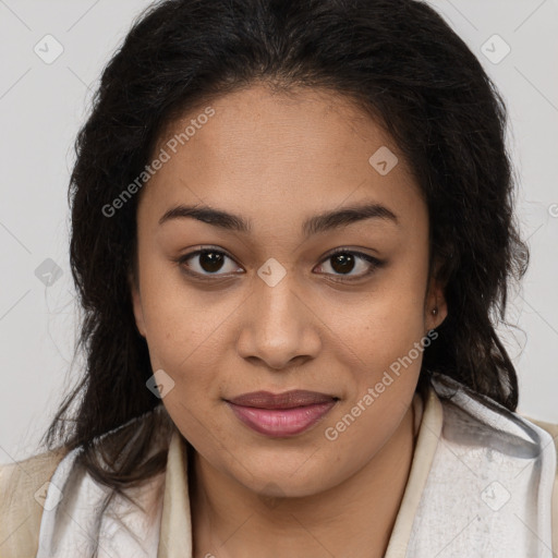 Joyful latino young-adult female with long  brown hair and brown eyes