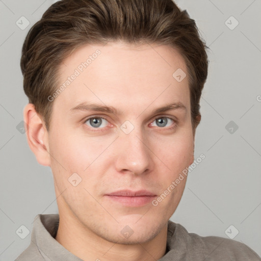 Neutral white young-adult male with short  brown hair and grey eyes