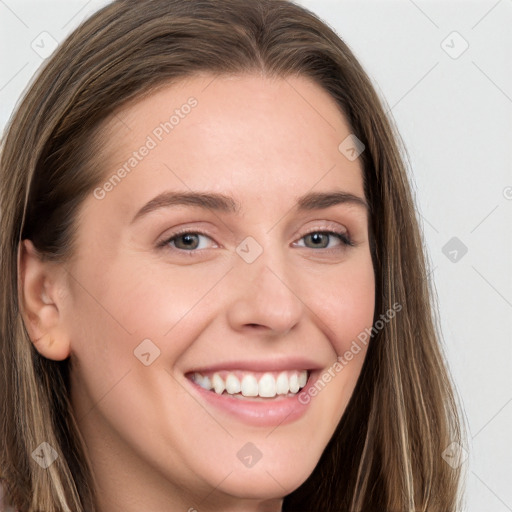 Joyful white young-adult female with long  brown hair and grey eyes