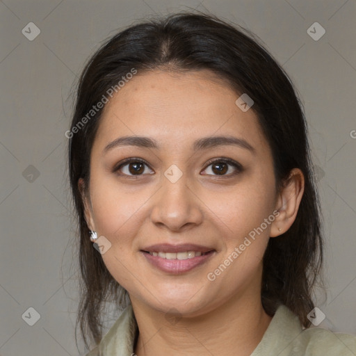 Joyful white young-adult female with medium  brown hair and brown eyes