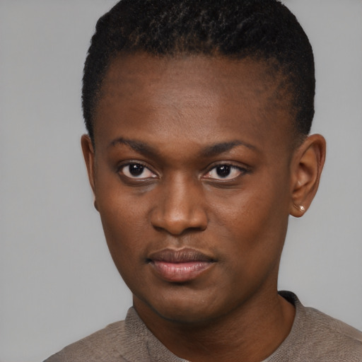 Neutral black young-adult female with short  black hair and brown eyes