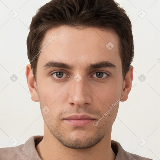 Neutral white young-adult male with short  brown hair and brown eyes