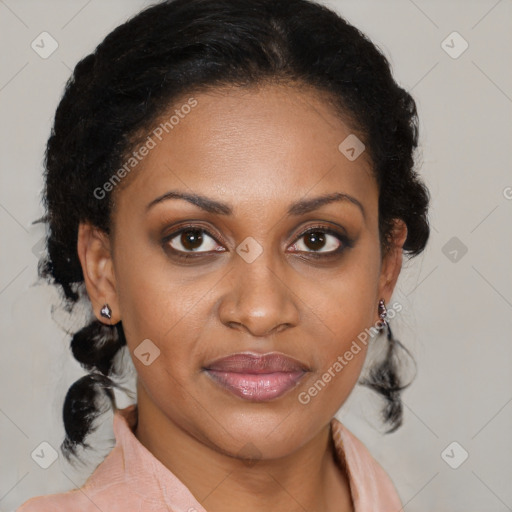 Joyful black young-adult female with medium  brown hair and brown eyes