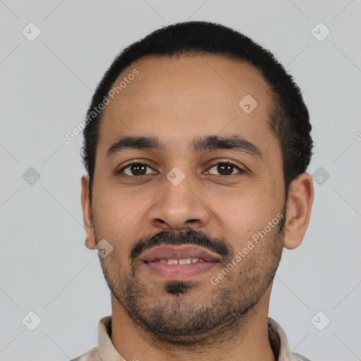 Neutral latino young-adult male with short  black hair and brown eyes