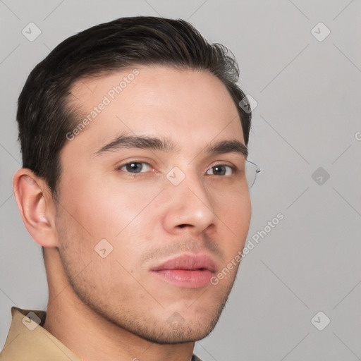 Neutral white young-adult male with short  brown hair and brown eyes