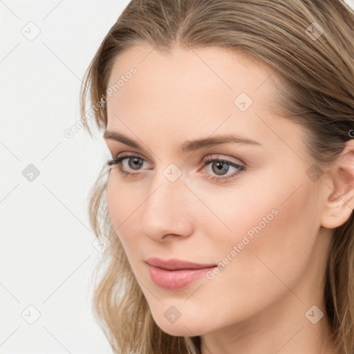 Neutral white young-adult female with long  brown hair and grey eyes